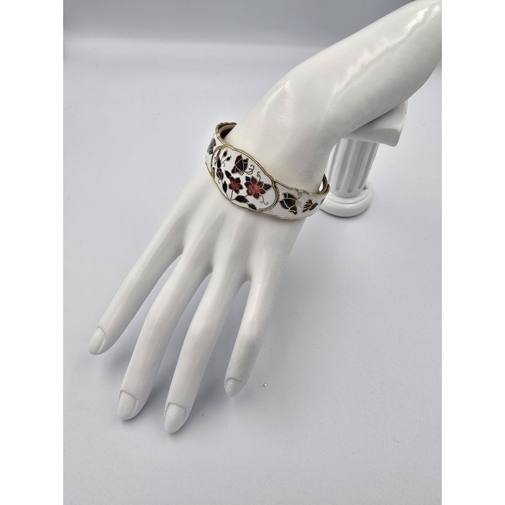 Vintage Cloisonne White Enamel Gold Tone Floral Butterfly Hinge Bangle Bracelet - Picture 5 of 10